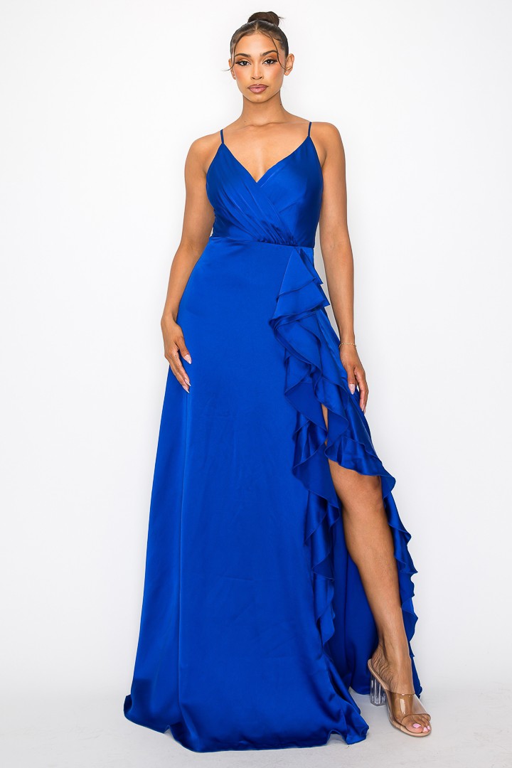 Vestido largo de tirantes con holán de lado