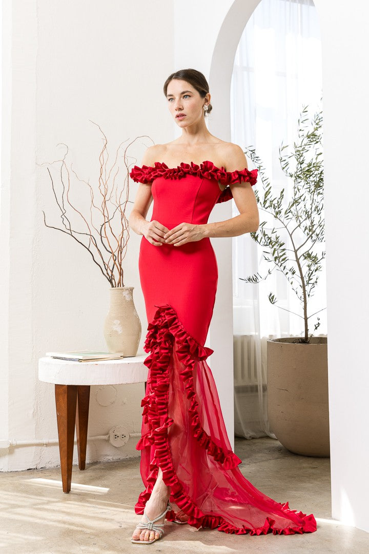 Vestido Encaje Largo Vestido Rojo Tul Vestido Corte Sirena Rojo