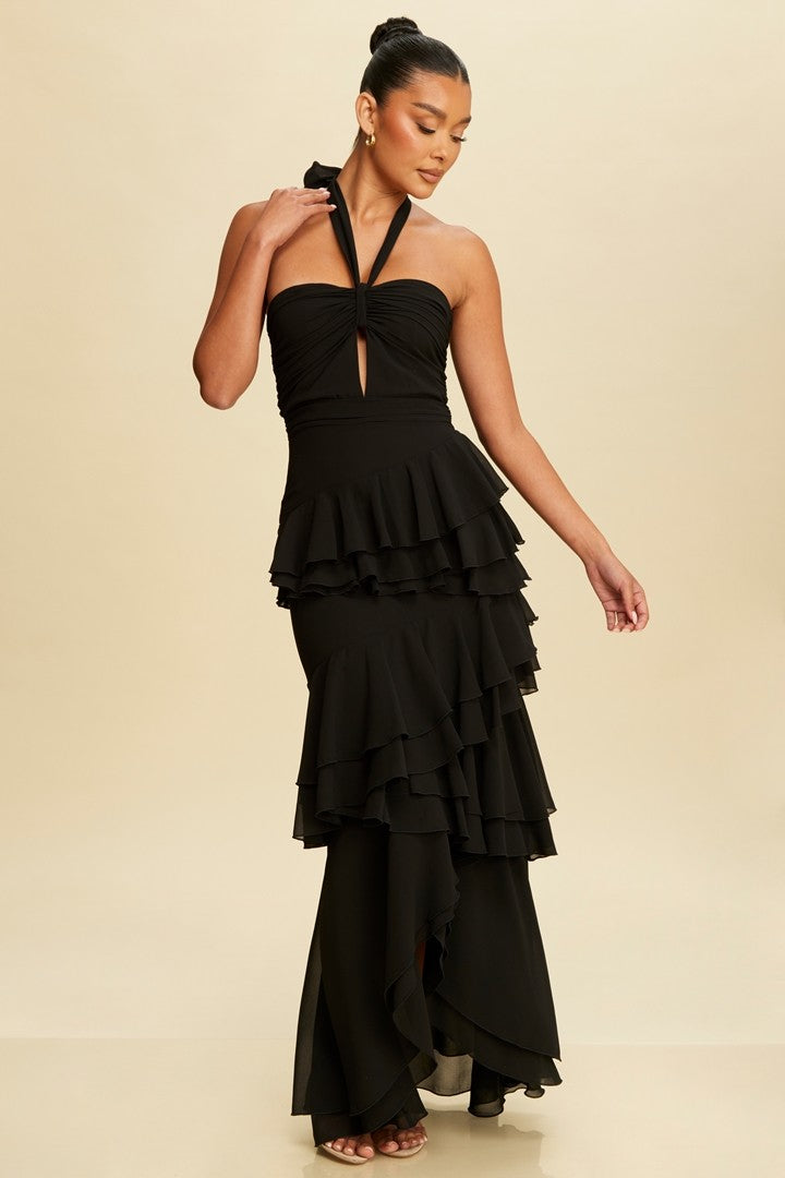 Vestido halter con holanes en falda