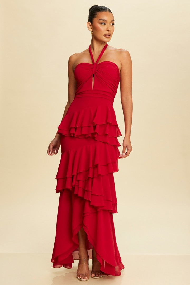 Vestido halter con holanes en falda