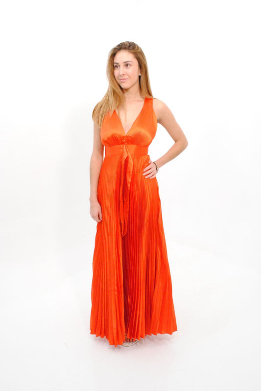 Vestido naranja plisado cruzado espalda